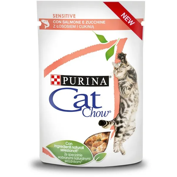 CAT CHOW SENSITIVE - мокра храна за котки с чувствителен стомах над 1г. със сьомга и тиква в сос - 24x85гр.