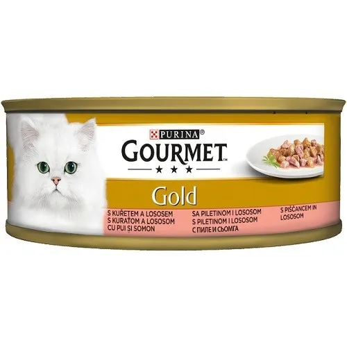 Gourmet Gold With Salmon&Chicken In Gravy - мокра храна за израснали котки над 1г. с пиле и сьомга в сос - 85гр.