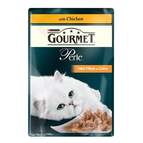 Gourmet Perle Mini Fillets In Gravy With Chicken - мокра храна за израснали котки над 1г. мини филенца пилешко в сос грейви - 85гр.