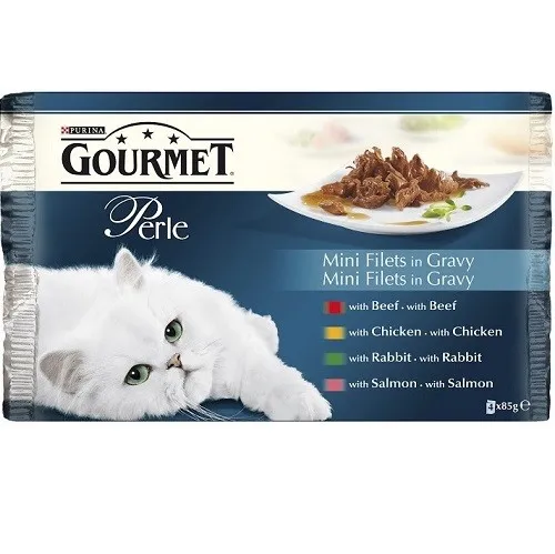 Gourmet Perle Mini Fillets In Gravy Mixed Variety - мокра храна за израснали котки над 1г. с мини филенца в сос грейви - 4х85гр.