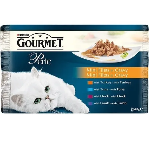 Gourmet Perle Mini Fillets In Gravy Asortment - мокра храна за израснали котки над 1г. от мини филенца в сос грейви - 4х85гр.
