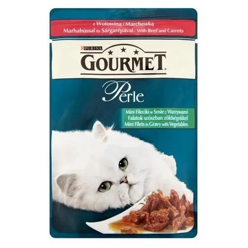 Gourmet Perle Mini Fillets In Sauce With Beef And Carrots - мокра храна за израснали котки над 1г. мини филенца говеждо и моркови в сос - 85гр.