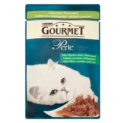 Gourmet Perle Mini Fillets In Sauce Game And Тomatoes - мокра храна за израснали котки над 1г. мини филенца дивеч с домати и тиквички в сос - 85гр.
