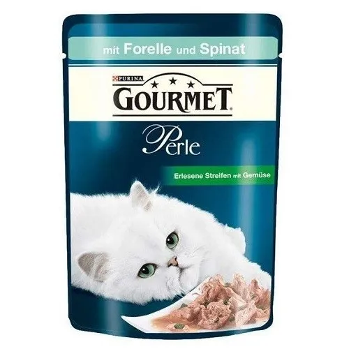 Gourmet Perle Mini Fillets In Sauce Trout And Spinach - мокра храна за израснали котки над 1г. мини филенца пъстърва и спанак в сос - 85гр.