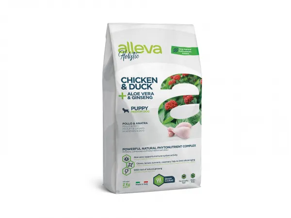 Alleva® Holistic (Puppy Medium) Chicken & Duck + Aloe Vera & Ginseng - суха храна с пиле, пуйка, алое вера и женшен за подрастващи кученца /2-12месеца/ от средни породи /10-25кг./ - 2кг.