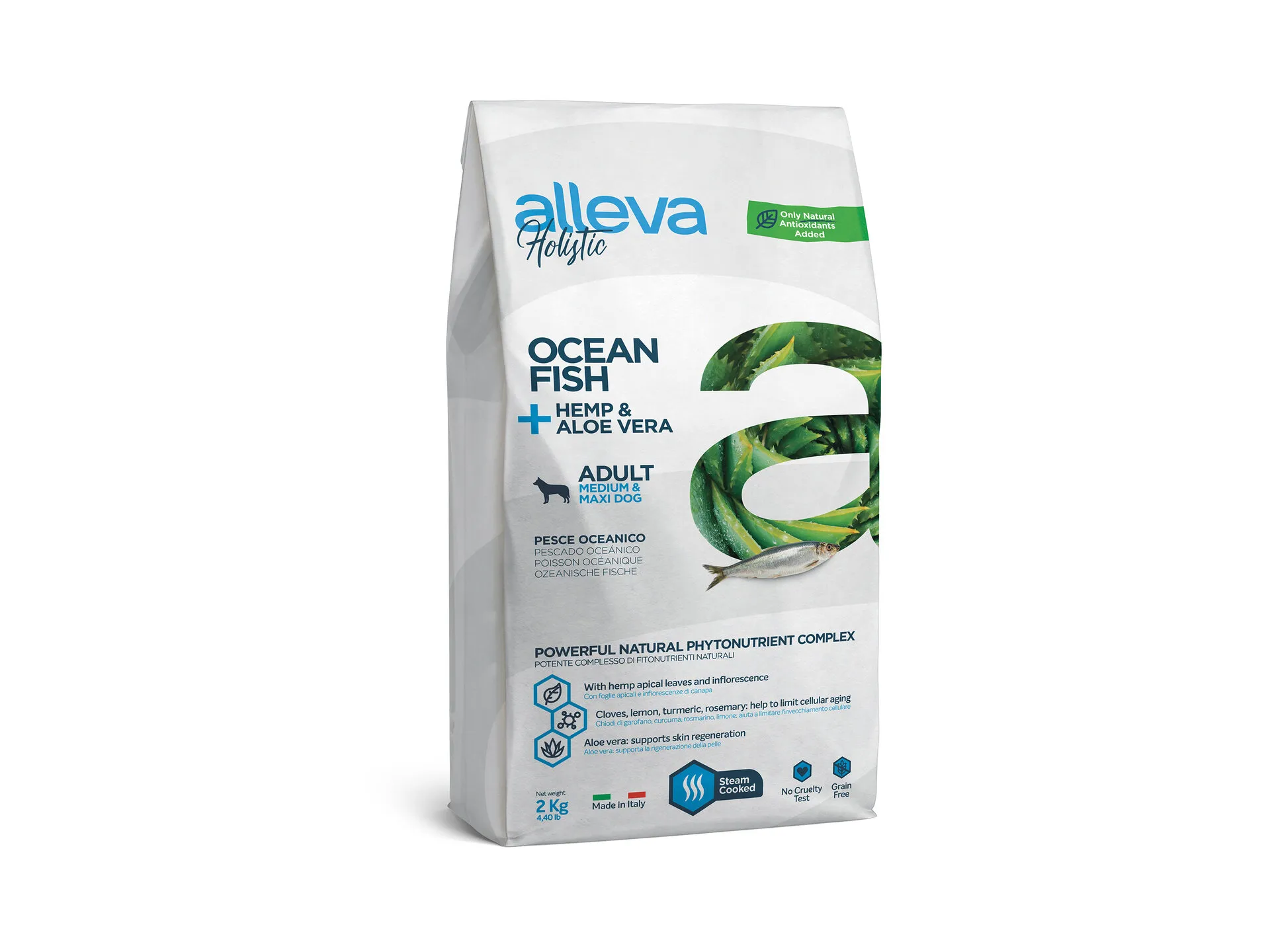 Alleva® Holistic (Adult Medium/Maxi) Ocean Fish + Hemp & Aloe Vera - суха храна с океанска риба и алое вера за кучета /над 12месеца/ от средни и едри породи /10-45кг./ - 2кг.
