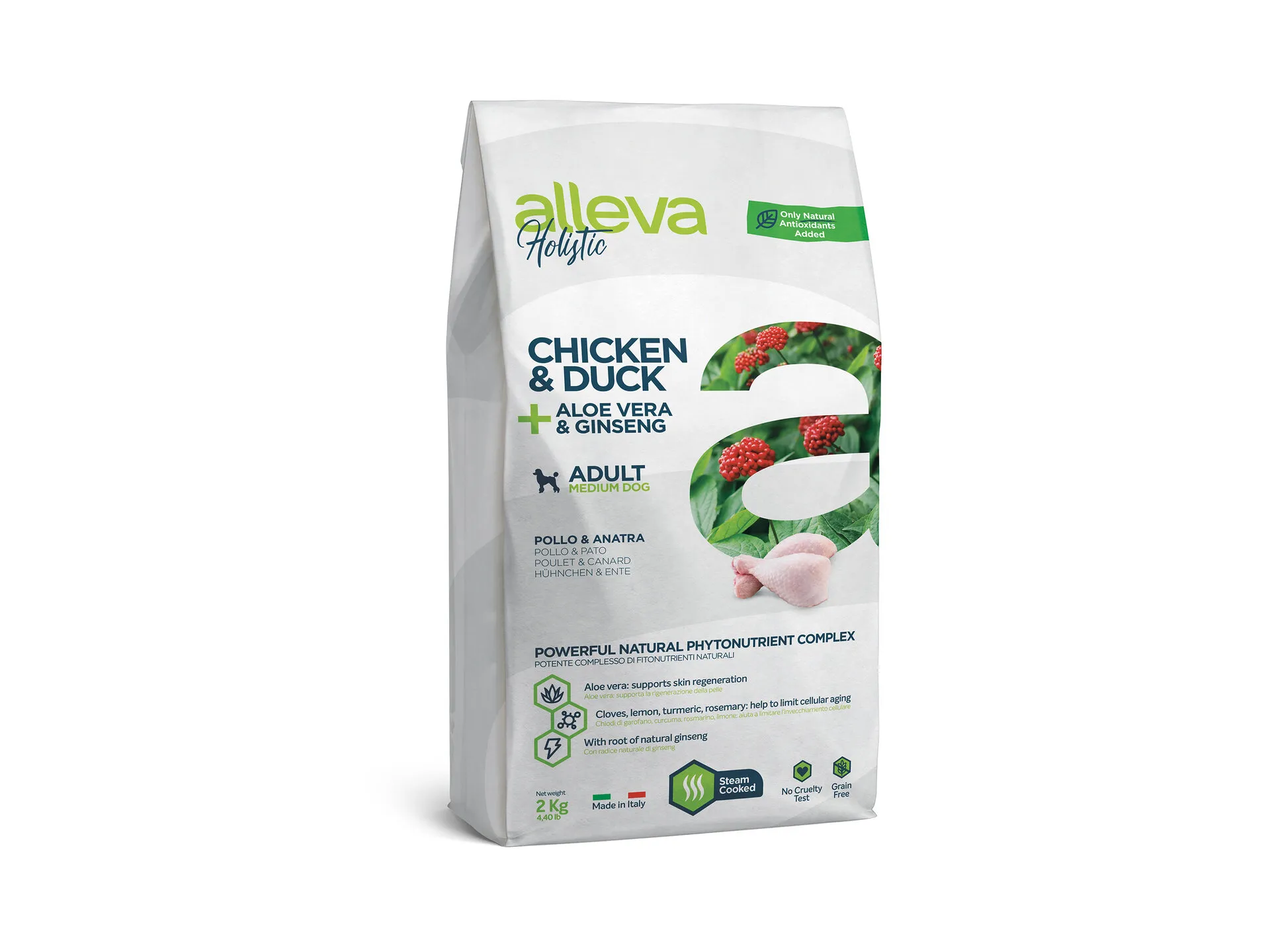 Alleva® Holistic (Adult Medium) Chicken & Duck + Aloe Vera & Ginseng - суха храна с пиле, пуйка, алое вера и женшен за кучета /над 12месеца/ от средни породи /10-25кг./ - 2кг.