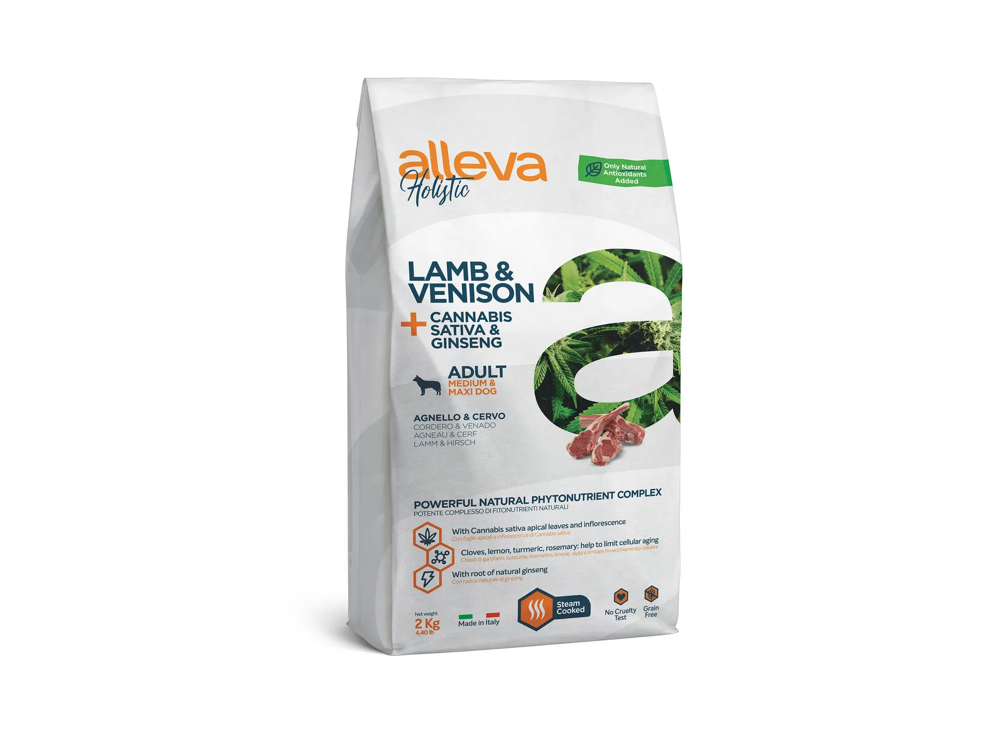 Alleva® Holistic (Adult Medium/Maxi) Lamb & Venison + Cannabis sativa & Ginseng - суха храна с агнешко месо, канабис и женшен за кучета /над 12месеца/ от средни и едри породи /10-45кг./ - 2кг.