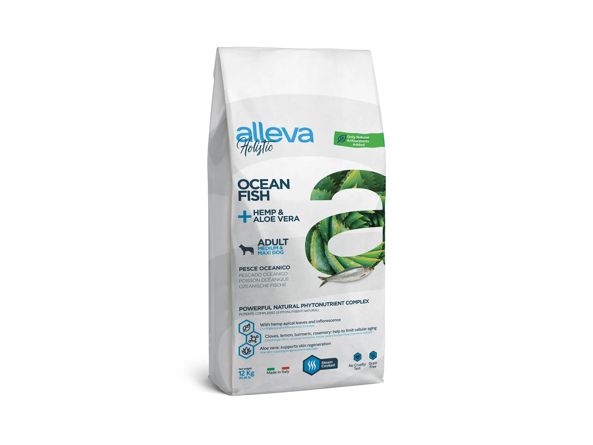 Alleva® Holistic (Adult Medium/Maxi) Ocean Fish + Hemp & Aloe Vera - суха храна с океанска риба и алое вера за кучета /над 12месеца/ от средни и едри породи /10-45кг./ - 12кг.