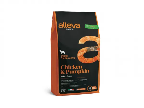 Alleva® Natural (Puppy Medium) Chicken & Pumpkin  - суха храна с пилешко месо и тиква за подрастващи кученца /1-12месеца/ от средни породи /10-25кг./ - 2кг.