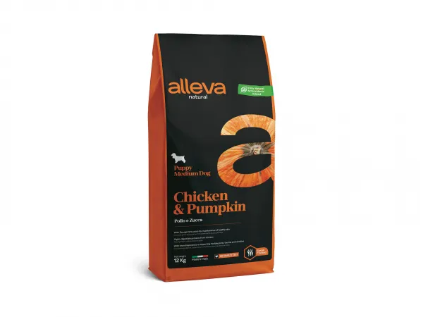 Alleva® Natural (Puppy Medium) Chicken & Pumpkin - суха храна с пилешко месо и тиква за подрастващи кученца /1-12месеца/ от средни породи /10-25кг./ - 12кг.