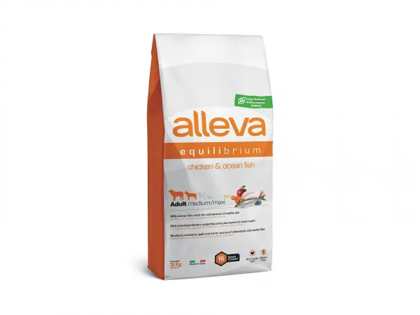 Alleva® Equilibrium (Adult Medium/Maxi) All Day Maintenance Chicken & Ocean Fish - суха храна с пилешко месо и океанска риба за кучета /над 12месеца/ от средни и едри породи /10-45кг./ - 12кг.