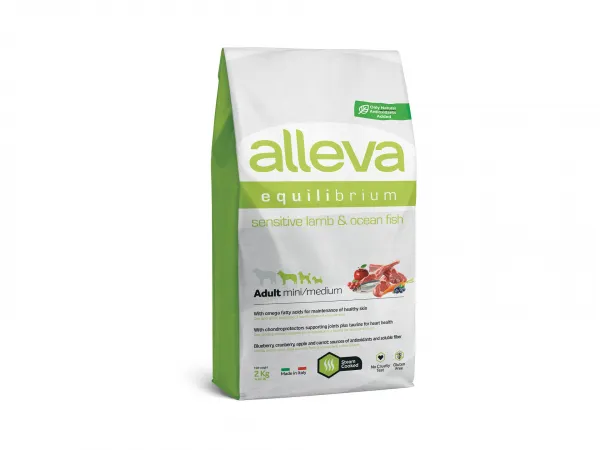 Alleva® Equilibrium (Adult Mini/Medium) Sensitive Lamb & Ocean Fish - суха храна с агнешко месо и океанска риба за кучета с чувствителен стомах /над 12месеца/ от мини и средни  породи /2-25кг./ - 2кг.