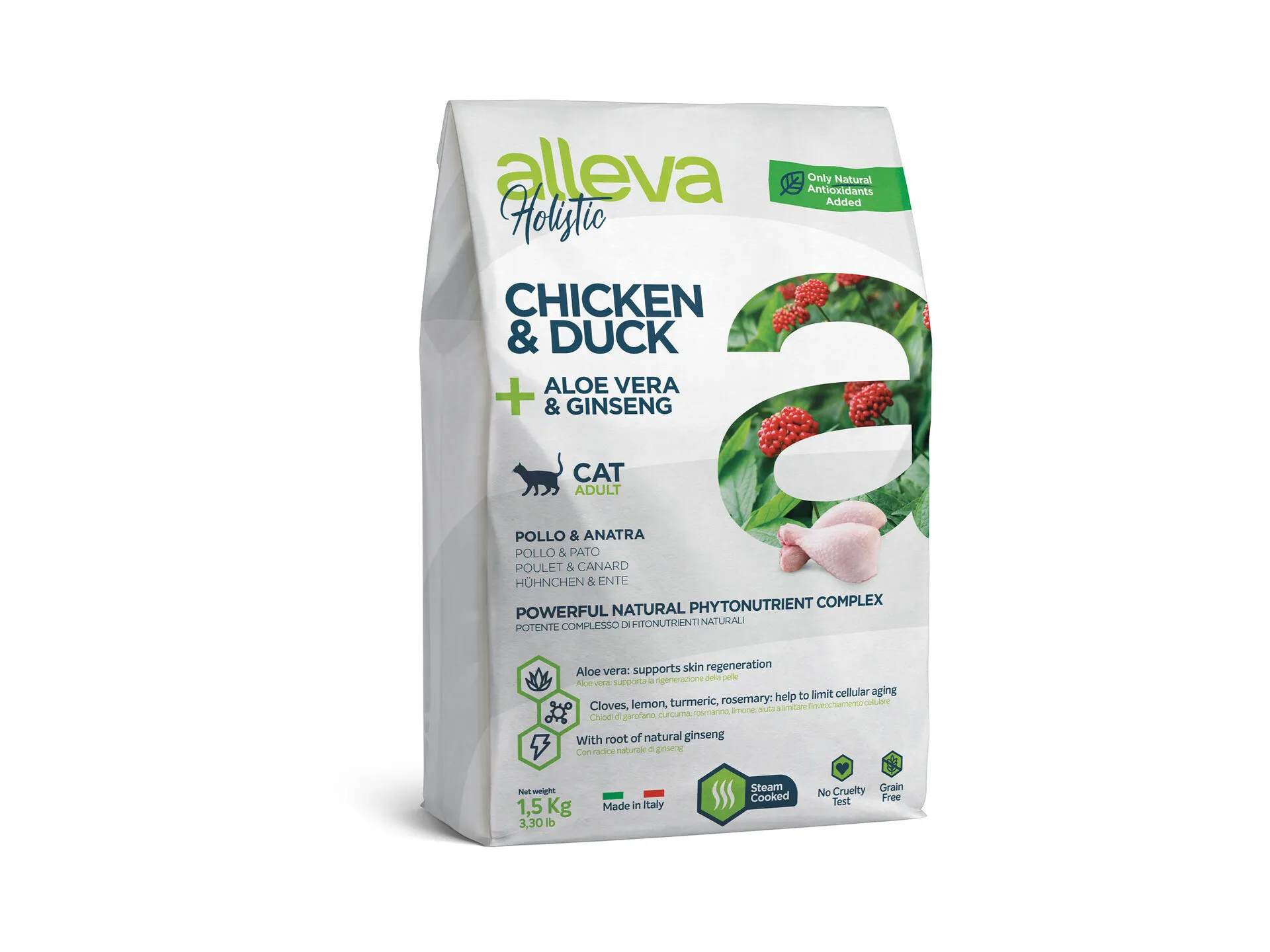 Alleva® Holistic (Adult Cat) Chicken & Duck + Aloe vera & Ginseng - суха храна за котки /над12месеца/ с пилешко, патешко, алое вера и женшен - 1.5 кг.,10кг.
