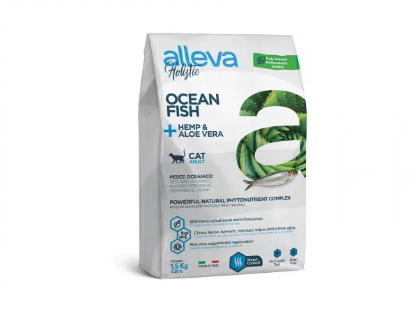 Alleva® Holistic (Adult Cat) Ocean Fish + Hemp & Aloe vera - суха храна за котки /над12месеца/ с океанска риба и алое вера - 1.5 кг.