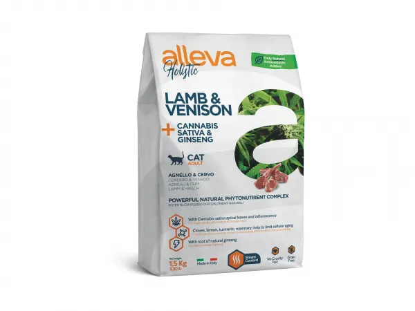 Alleva® Holistic (Adult Cat) Lamb & Venison + Cannabis sativa & Ginseng - суха храна за котки /над12месеца/ с агнешко месо, канабис и женшен - 1.5 кг.