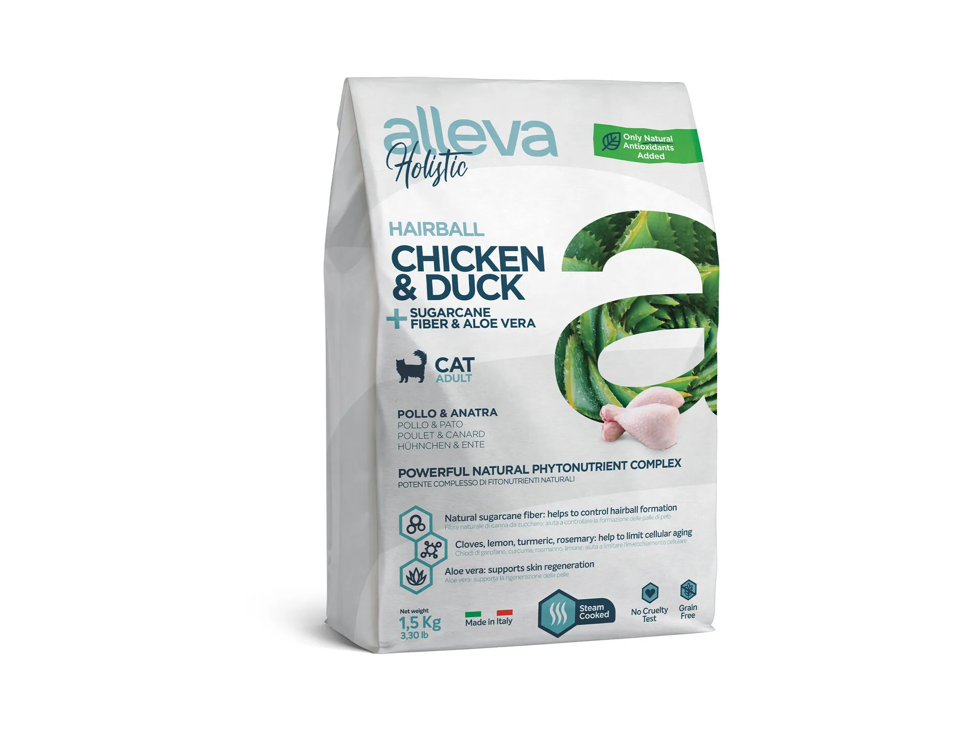 Alleva® Holistic (Adult Cat) Chicken & Duck + Sugarcane fiber & Aloe vera Hairball - суха храна контролираща космените топки, за котки /над12месеца/ с пилешко, патешко, алое вера - 1.5 кг.