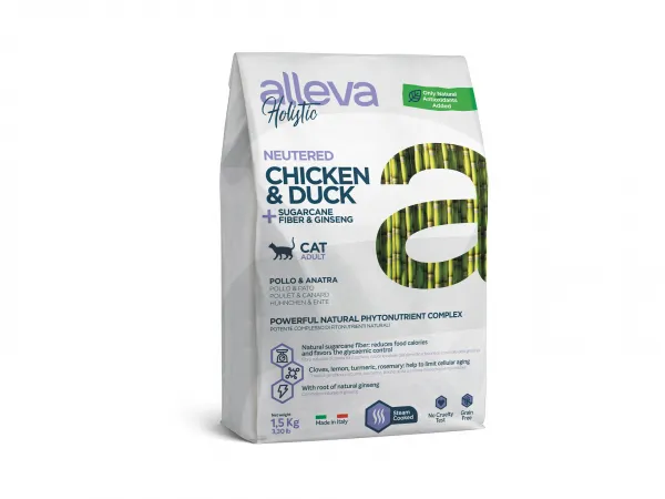 Alleva® Holistic (Adult Cat) Chicken & Duck + Sugarcane fiber & Aloe vera Neutered - суха храна със фибри, за кастрирани котки /над12месеца/ с пилешко, патешко, алое вера - 1.5 кг.10кг.