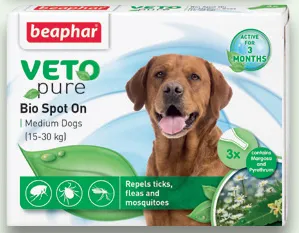 Beaphar Veto Pure Bio Spot On Dog - репелентни капки за кучета от средни породи - 3бр.