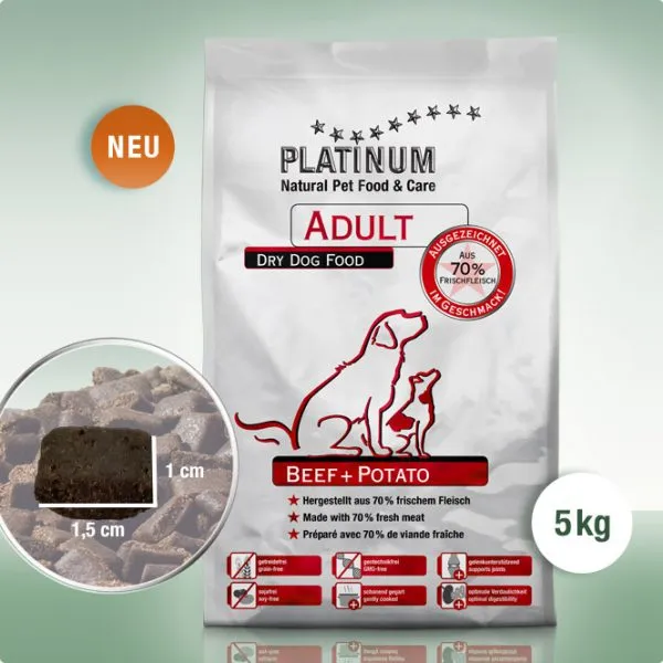 Platinum Adult Beef + Potato - сочна суха храна за кучета над 12 месеца с говеждо месо – 5кг. 1