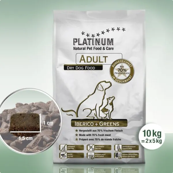 Platinum Adult Iberico + Greens - сочна суха храна за кучета над 12 месеца с иберийско свинско - 10кг. 1