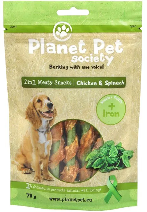 Planet Pet 2 in 1 Meaty Snacks Chicken & Spinach - деликатесно лакомство за кучета с пилешко месо и спанак - 70гр.