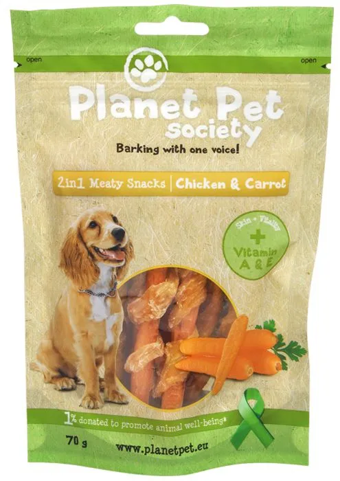 Planet Pet 2 in 1 Meaty Snacks Chicken & Carrot - деликатесно лакомство за кучета с пилешко месо и моркови - 70гр.