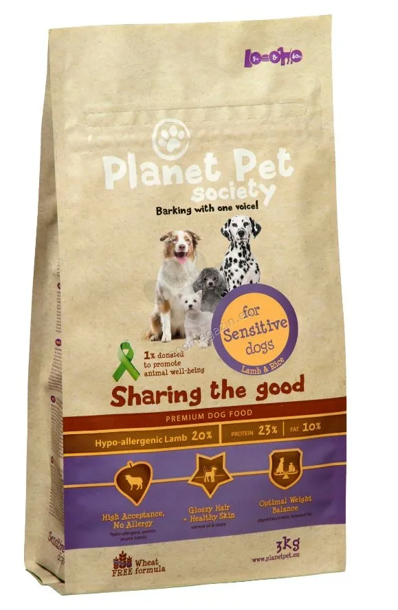 Planet Pet Society Sensitive Dog - пълноценна суха храна за кучета над 1г. с агнешко месо склонни към алергия и чувствителна храносмилателна система - 15кг.