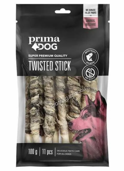 Prima Dog Twisted Stick with Salmon - пръчица от телешка кожа обвита с месо от сьомга 13см. - 11бр. (100 гр.)