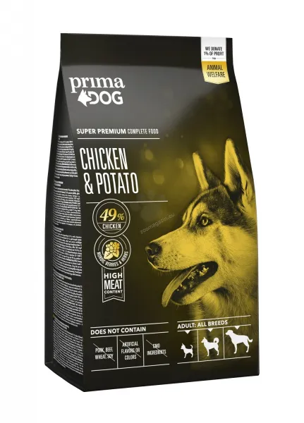 Prima Dog Adult All Breeds Chicken & Potato - пълноценна суха храна с пилешко месо и картофи за кучета от средни 10-25кг. и големи над 25кг. породи над 1г. - 2кг. 
