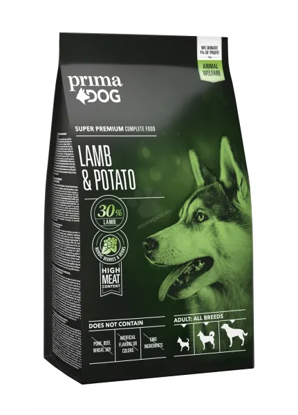 Prima Dog Adult All Breeds Lamb & Potato - пълноценна храна с агнешко и картофи за кучета от средни (10-25 кг.) и големи (над 25 кг.) породи над 12 месеца - 12кг.