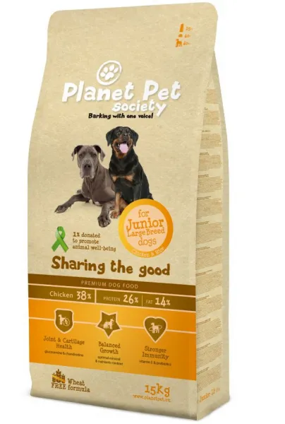 Planet Pet Society Junior Large Breed - пълноценна храна за кучета от големи породи (30-80кг.) и въраст 2-18 месеца - 15кг.