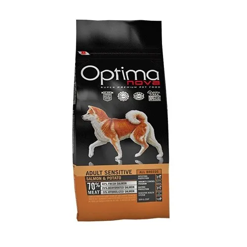 Optima nova Adult Sensitive Salmon & Potato - храна за израснали кучета от всички породи с проблемна козина или чувствителен стомах - 12кг.