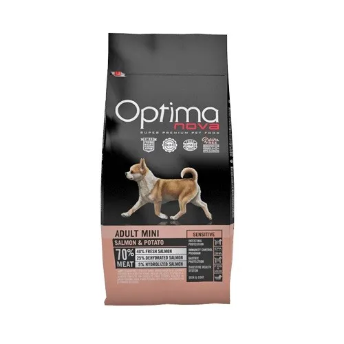 Optima nova Adult Mini Salmon & Potato - храна за израснали кучета дребни породи с проблемна козина или чувствителен стомах - 8кг.