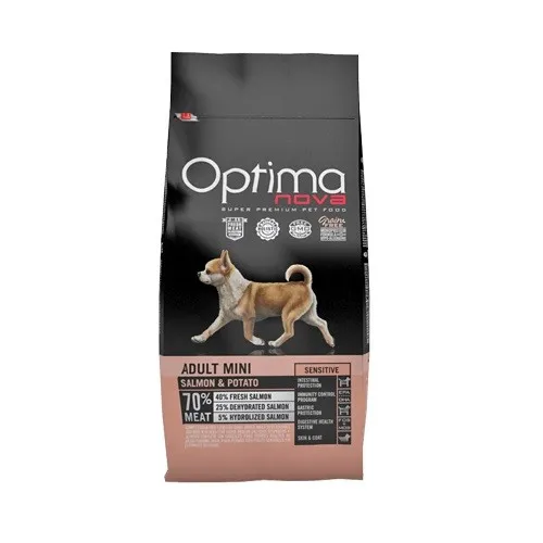 Optima nova Adult Mini SENSITIVE Salmon & Potato - храна за израснали кучета дребни породи с проблемна козина или чувствителен стомах 