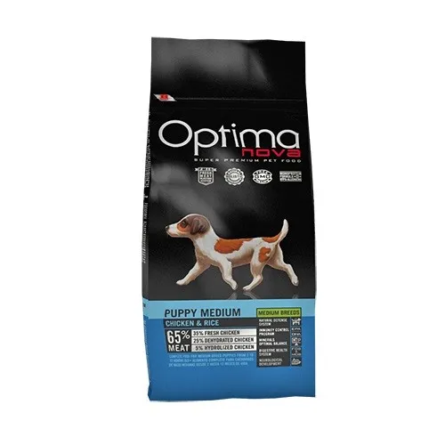 Optima nova Puppy Medium Chicken & Rice - храна за подрастващи кученца от средни породи с пилешко месо и ориз - 12кг.