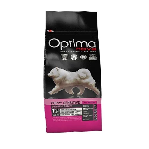 Optima nova Puppy Sensitive Salmon & Potato - храна за подрастващи кученца от всички породи с проблемна козина или чувствителен стомах - 800гр.