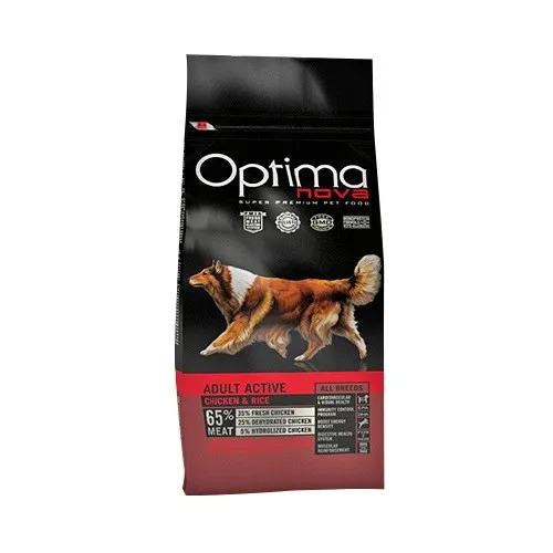 Optima nova Adult Active Chicken & Rice - храна за израснали кучета от всички породи с повишени енергийни нужди - 12кг.