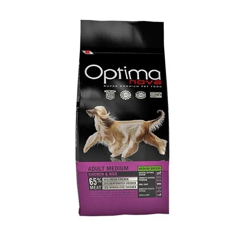 Optima nova Adult Medium Chicken & Rice - храна за израснали кучета от средни породи с пилешко месо и ориз - 12кг.
