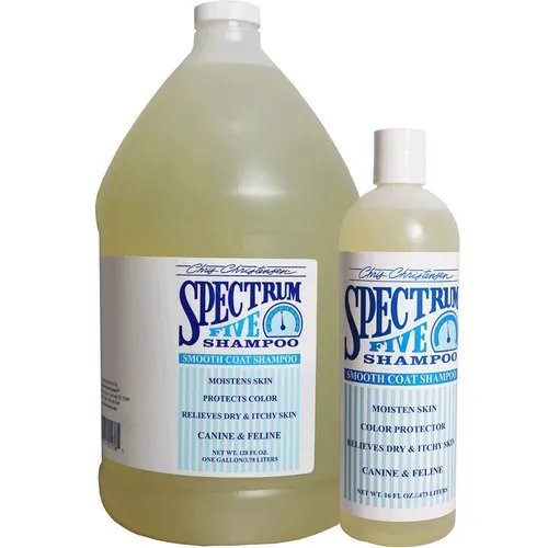 Chris Christensen Spectrum Five Shampoo - шампоан предназначен за породи с гладка козина, които са предразположени да имат суха, груба и лющеща се кожа, раздразнена или със сърбеж кожа, което води до обезцветяване на козината - 118мл.