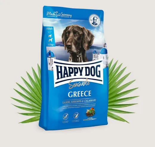 Happy Dog Sensible Greece - Храна за Израснали Кучета с Тегло над 11кг., с Агнешко, Скариди и Калмари, Без Зърнени Съставки - 2.8кг., 4кг.,11кг.