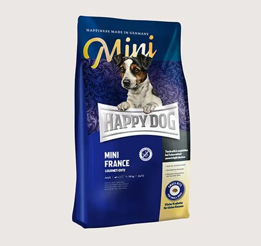 Happy Dog Sensible Mini France -  Храна за Чувствителни Кучета до 10кг.,Основно с Патешки Протеин, Без Глутен и Зърнени Съставки - 1кг.,4кг.