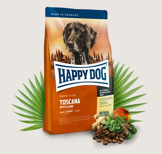 Happy Dog Supreme Toscana - Храна за Алергични и Капризни Кучета Над 10кг., Без Зърно с Патешко, Сьомга и Билки, само 7.5% мазнини - 1кг.,4кг.,10кг.