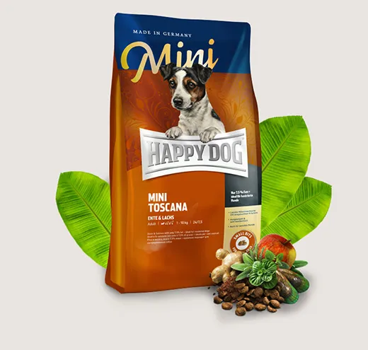 Happy Dog Supreme Mini Toscana - Храна за Алергични и Капризни Кучета до 10кг., Без Зърно с Патешко, Сьомга и Билки, само 7.5% мазнини - 1кг.,4кг.