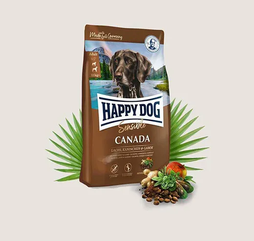 Happy Dog Sensible Canada - Храна за Чувствителни и Активни Кучета Над 10кг., Със Заешко, Сьомга, Агнешко и Картофи, Без Глутен - 1кг.,4кг.,12.5кг.
