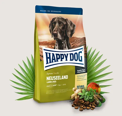 Happy Dog Supreme Neuseeland - Храна за Алергични и Капризни Кучета Над 10кг., с Агнешко, Сьомга и Екстракт от Зеленоусти Миди, с Билки и Ориз - 1кг.,4кг.,12.5кг.