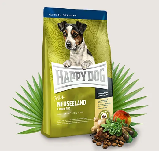 Happy Dog Mini Neuseeland - Храна за Алергични и Капризни Кучета до 10кг., с Агнешко, Сьомга и Екстракт от Зеленоусти Миди, с Билки и Ориз - 1кг.,4кг.,8кг.