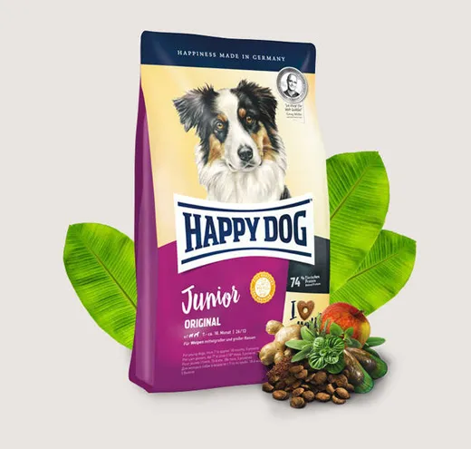 Happy Dog Junior Original - Храна за Растящи Кученца /Над 6месеца/ от Средни Породи с Тегло 11-25кг., с Пиле, Агне, Говеждо, Риба и Билки - 1кг.,4кг.,10кг.