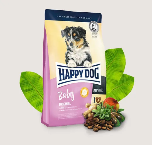 Happy Dog Baby Original - Храна за Растящи Кученца /1-6месеца/ от Средни Породи с Тегло 11-25кг., с Пиле, Агне, Говеждо, Риба и Билки - 1кг.,4кг.,10кг.,18кг.