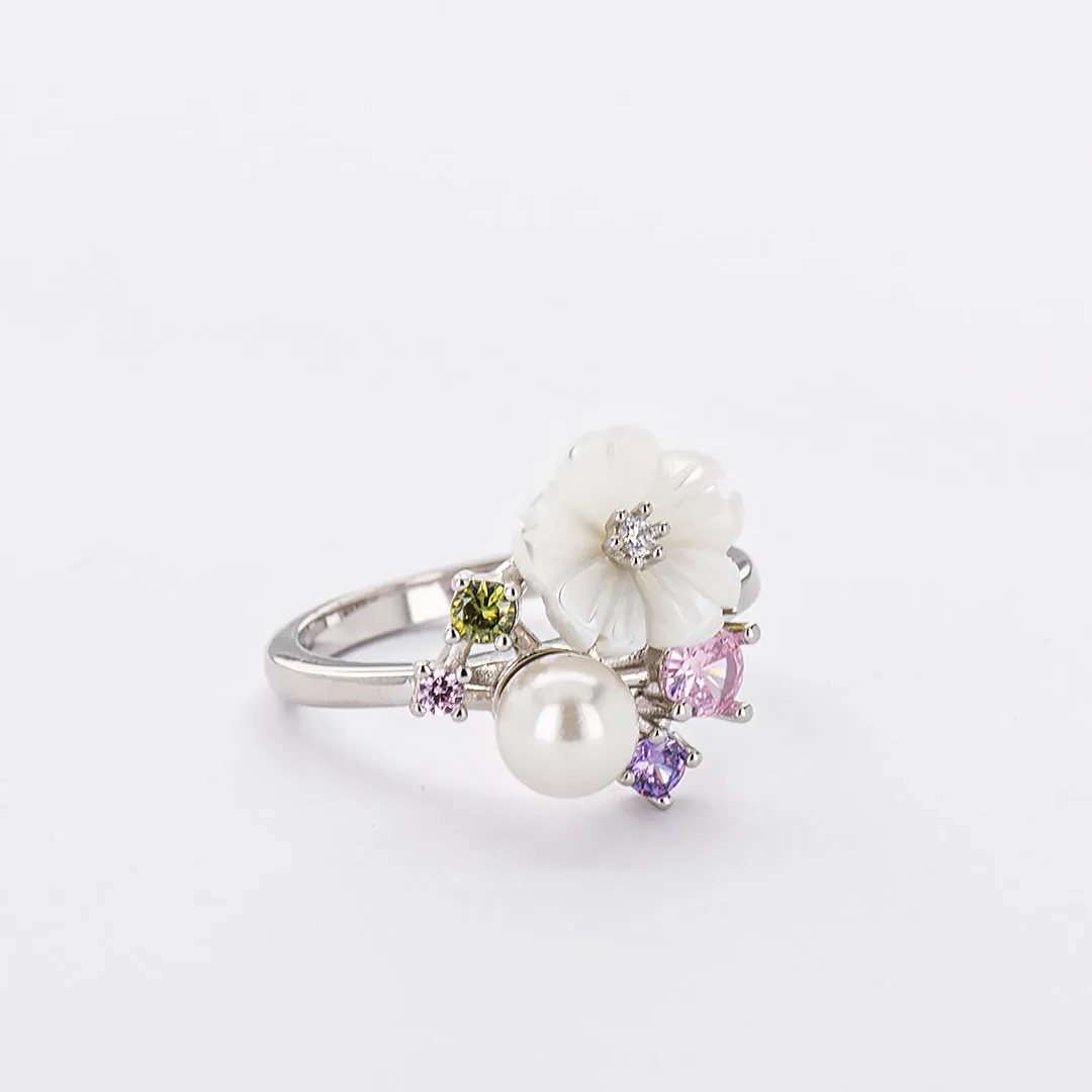Сребърен пръстен перла с цвете Benedetto 2